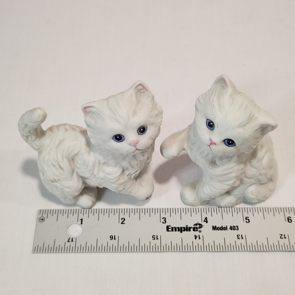Pair Vintage Homco White Kittens Cat Figurines W/ Blue Eyes Taiwan 1970s Cute - Picture 15 of 16